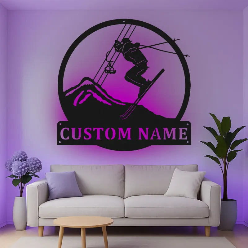 Custom Skier Led Light Metal Wall Art Personalized Gift for Ski Enthusiasts Mountain Lodge Decor