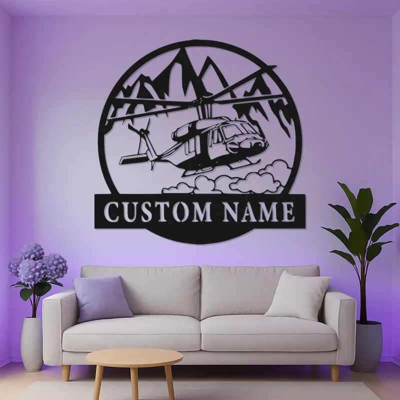 Arte murale in metallo con elicottero personalizzato | Decorazione aeronautica con luce LED | Insegna con nome per pilota | Regalo per aeromobile militare