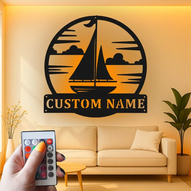 Personalized Sailboat Metal Sign with LED | Nautical Wall Art for Coastal Home | Custom Beach House Decor & Boating Gift