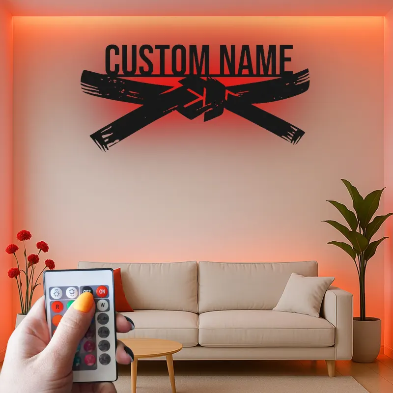 Décoration murale LED d'arts martiaux | Panneau en métal ceinture noire personnalisé pour décor de dojo et studio | Cadeau pour instructeur de Karate