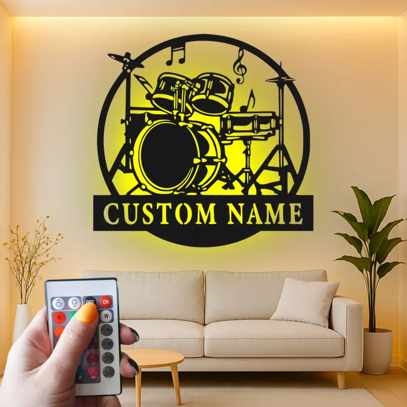 Décoration murale en métal LED personnalisée pour batteur - Cadeau musicien - Décor de salle de musique