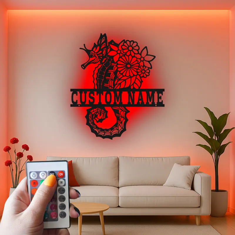 Insegna LED con cavalluccio marino | Insegna in metallo personalizzata con fiori | Decorazione nautica per casa al mare e beach house | Regalo per chi ama l'oceano