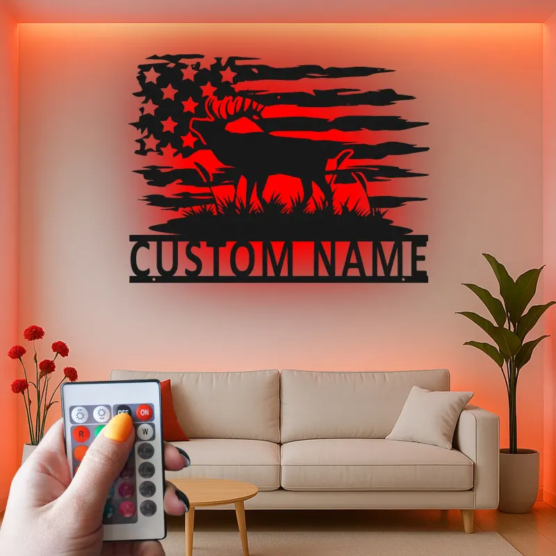 Panneau en métal de moose personnalisé | Art mural lumineux du drapeau américain | Décor de chalet rustique | Cadeau personnalisé pour chasseur