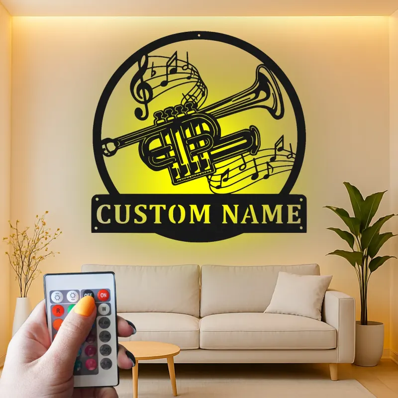 Cartel de metal LED personalizado de trompeta, regalo para músicos, decoración de sala de música