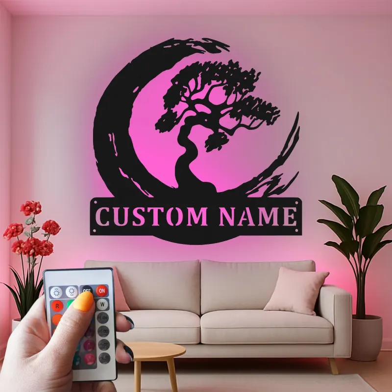 Décoration murale en métal personnalisée Arbre Bonsai avec rétroéclairage LED Cadeau Zen pour la maison Décor de salon tranquille 1
