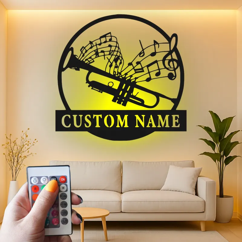 Décoration murale en métal personnalisée avec rétroéclairage LED - Cadeau pour musiciens - Décor de salle de musique avec notes de musique et trompette