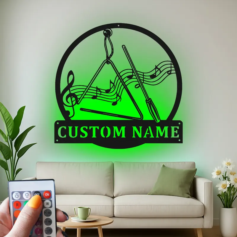 Cadeau Personnalisé pour Enseignant de Musique | Décoration Murale en Métal Personnalisée avec Rétroéclairage | Décor de Studio de Musique | Panneau de Nom d'Instrument en Triangle