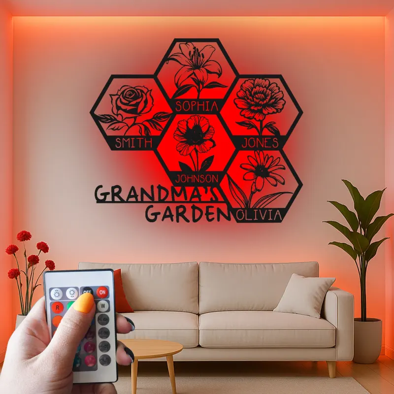 Grandma's Garden Custom Sign | Personalized LED Metal Wall Art | Floral Family Name Decor | Gift for Grandma