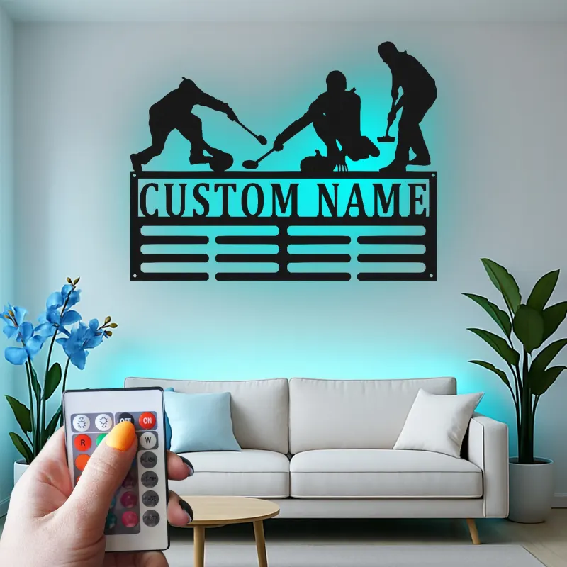 Personalisierte LED-Metall-Wandkunst für Curling-Teams – Sportgeschenk für Athleten, Deko fürs Spielzimmer