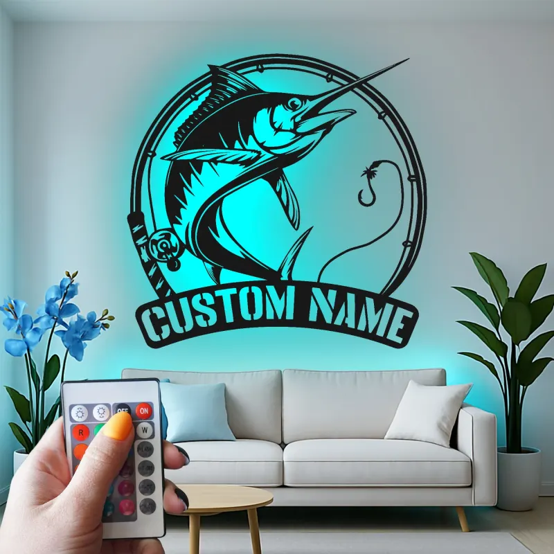 Décoration murale en métal Marlin Fish avec LED | Cadeau personnalisé pour pêcheur | Décor nautique pour man cave | Enseigne de pêche sportive