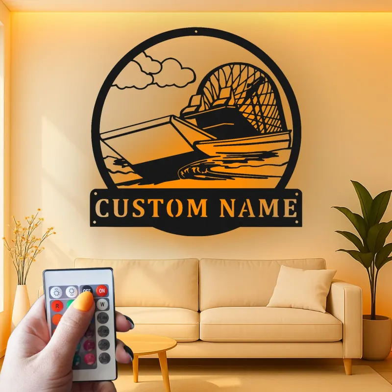 Décoration murale en métal LED personnalisée en forme d'airboat - Cadeau pour les passionnés de navigation - Décor nautique pour man cave