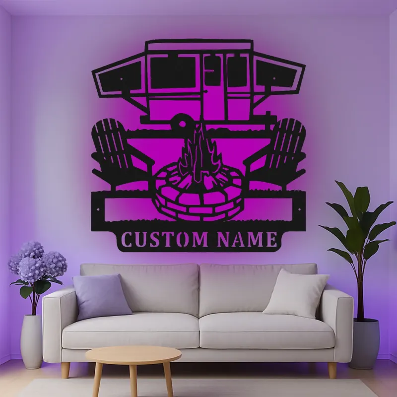 Custom Camper and Firepit Led Light Metal Wall Art Personalized Camping Gift Outdoor Patio Decor