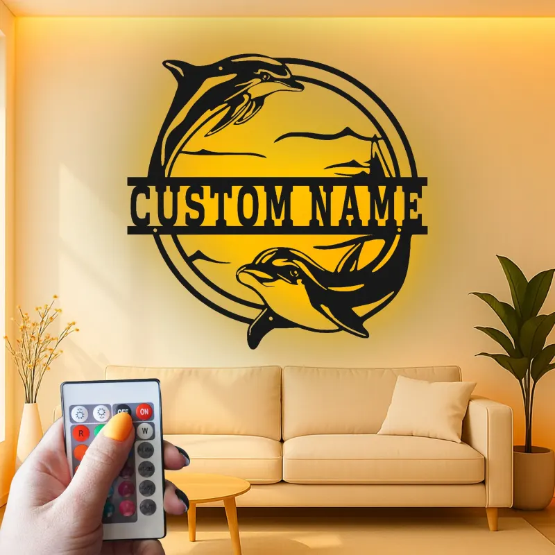 Cartel de metal personalizado con delfín y luz LED, regalo para amantes del océano, decoración para dormitorio o salón