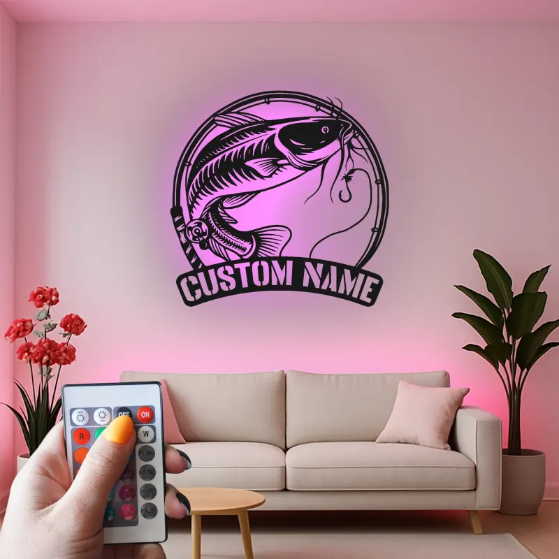 Custom Catfish Led Light Metal Wall Art Personalized Fishing Gift for Anglers Man Cave or Cabin Decor