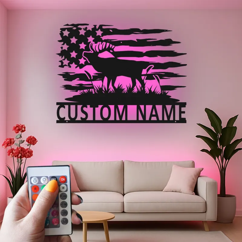 Panneau en métal de moose personnalisé | Art mural lumineux du drapeau américain | Décor de chalet rustique | Cadeau personnalisé pour chasseur