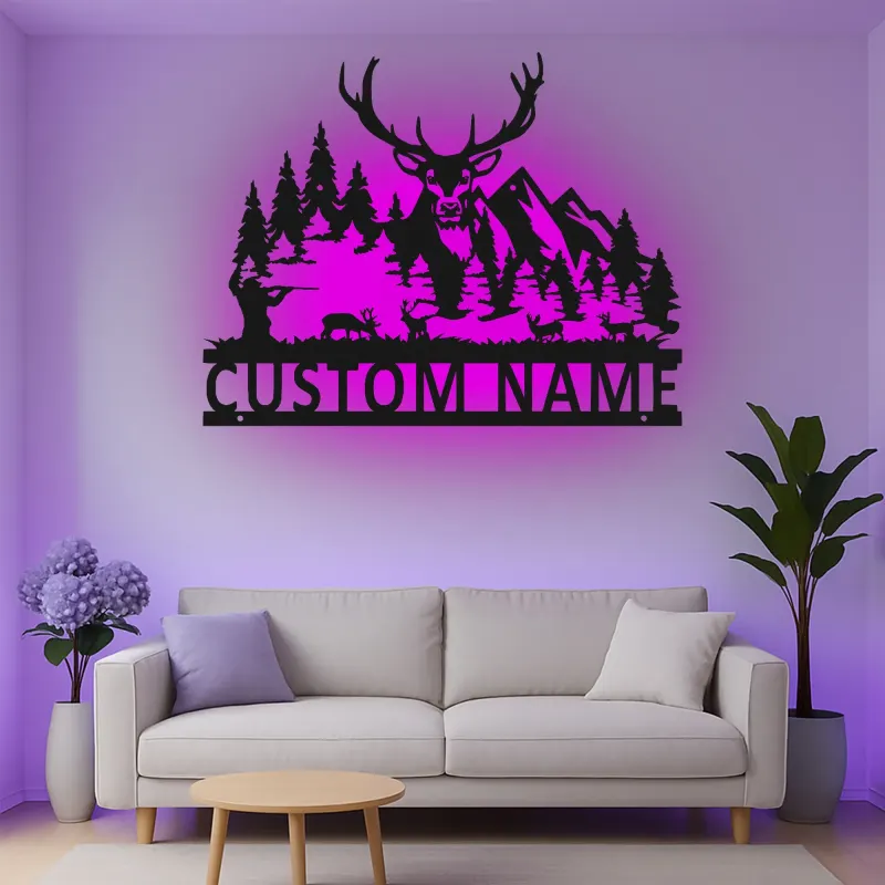Custom Deer Hunter Led Light Metal Wall Art Personalized Gift for Hunters Rustic Cabin Decor 1