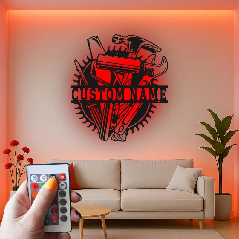Custom Tool Set Led Light Metal Wall Art Personalized Gift for Handyman Garage Workshop Decor 1