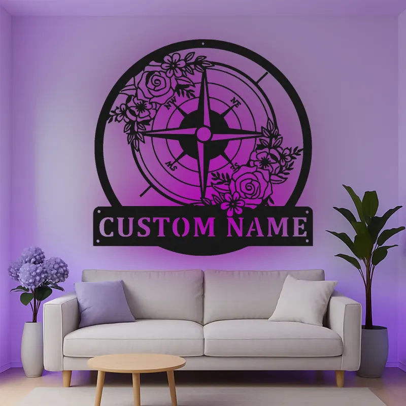 Décoration murale en métal personnalisée avec rétroéclairage LED - Rose des vents - Cadeau de mariage personnalisé - Décor nautique pour salon