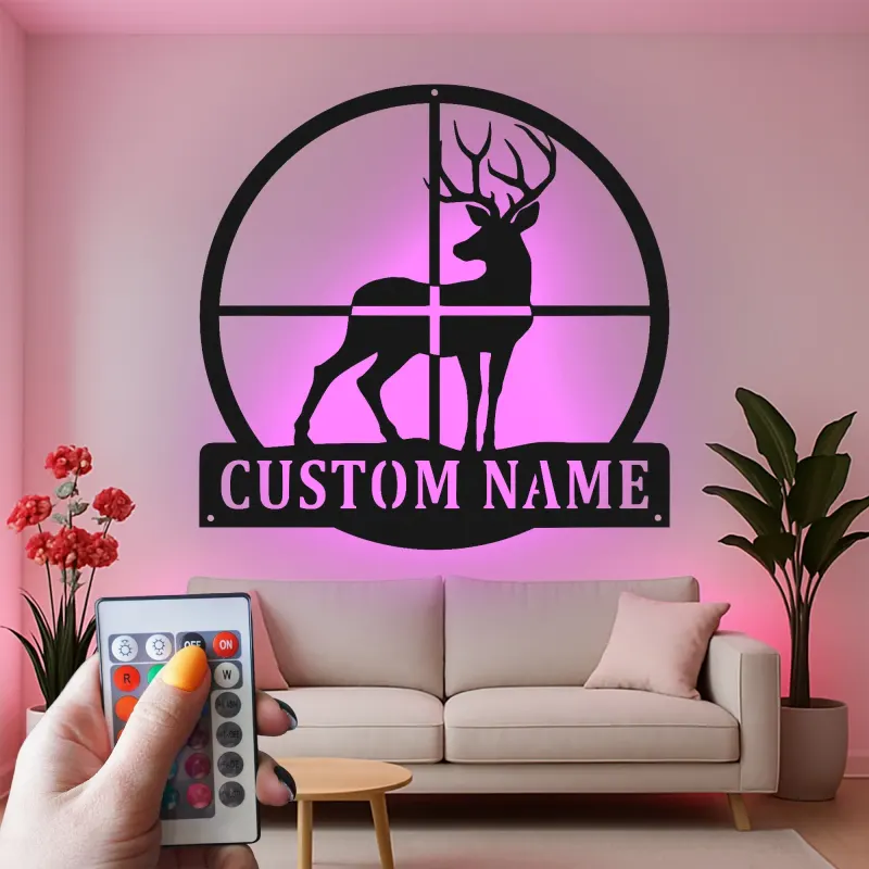 Décoration murale en métal personnalisée pour le cerf avec rétroéclairage LED, cadeau personnalisé pour les chasseurs, décoration de cabane rustique pour les amoureux de la nature