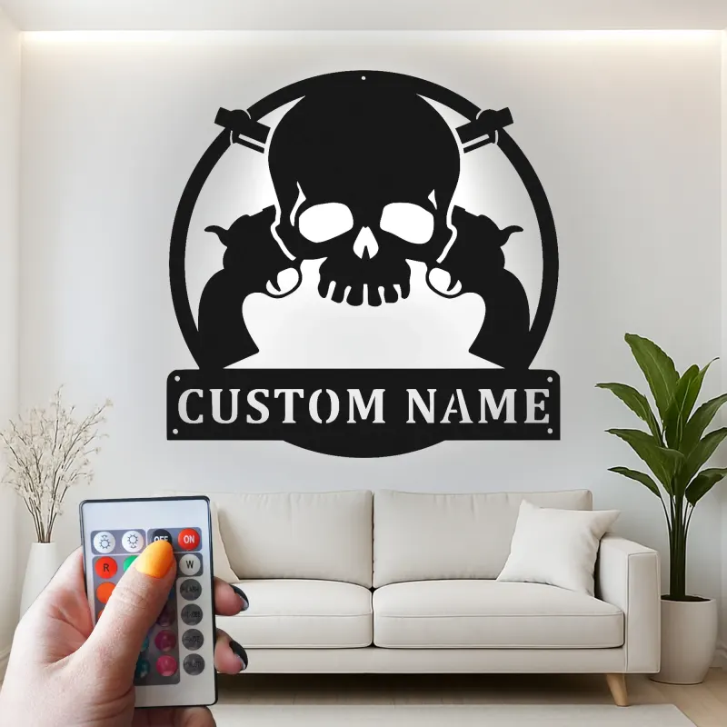Insegna personalizzata con teschio e revolver | Arte murale in metallo LED | Decorazione per man cave personalizzata e regalo per appassionati di armi