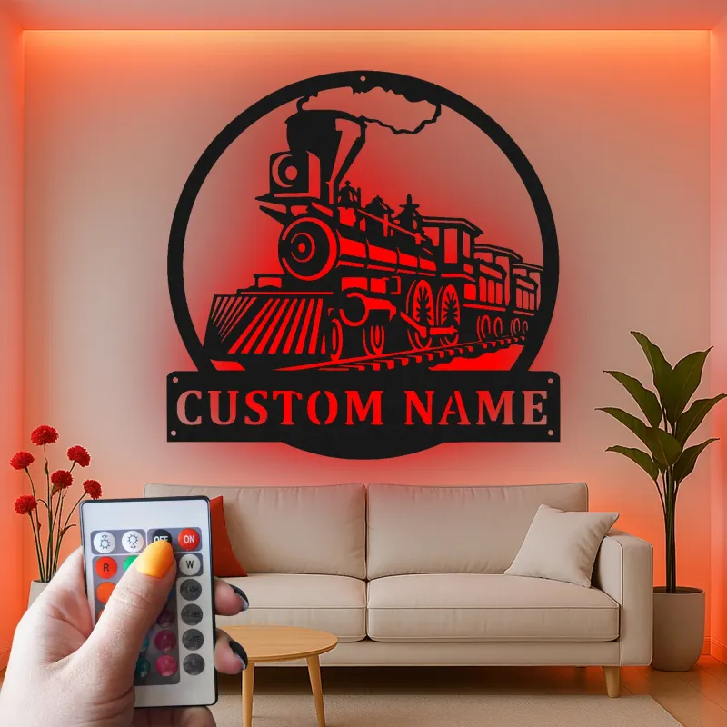 Custom Train Locomotive Led Light Metal Wall Art Personalized Gift for Train Enthusiasts Kids Room Decor 1