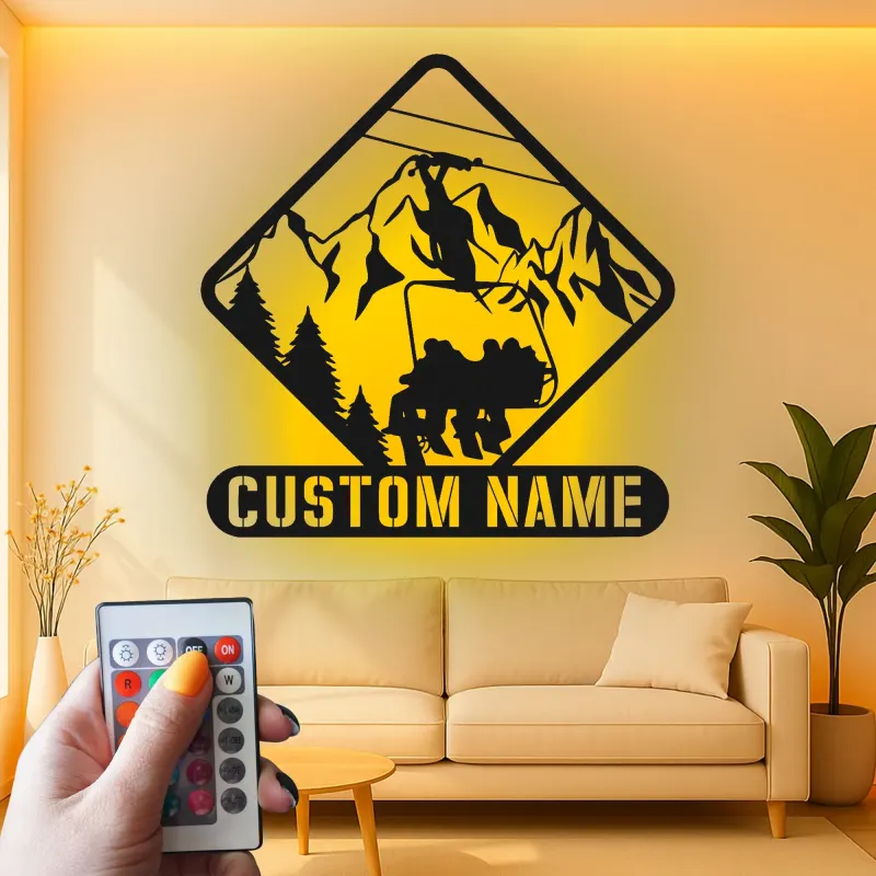 Custom Ski Lift Metal Sign | Personalized Mountain LED Wall Art | Ski Lodge Decor & Gift for Skiers