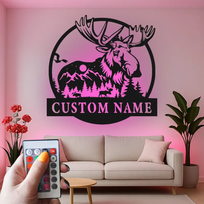 Custom Moose Metal Sign with LED | Personalized Wildlife Wall Art for Cabin Decor | Rustic Lodge & Hunter Gift