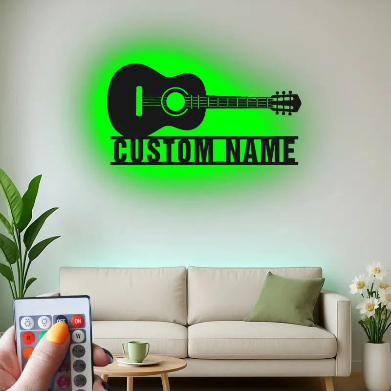 Enseigne guitare en métal personnalisée avec LED | Décoration murale prénom sur mesure pour studio de musique et cadeau musicien | Décor pour guitariste
