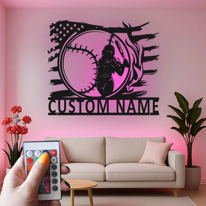 Insegna in metallo personalizzata per giocatore di softball con luce LED regalo per atleti decorazione per stanza sportiva 2