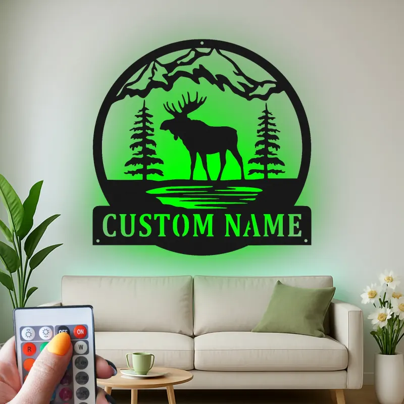 Cartel de metal personalizado con alce | Arte LED de fauna personalizado para cabaña y lodge | Regalo rústico para amantes de la naturaleza