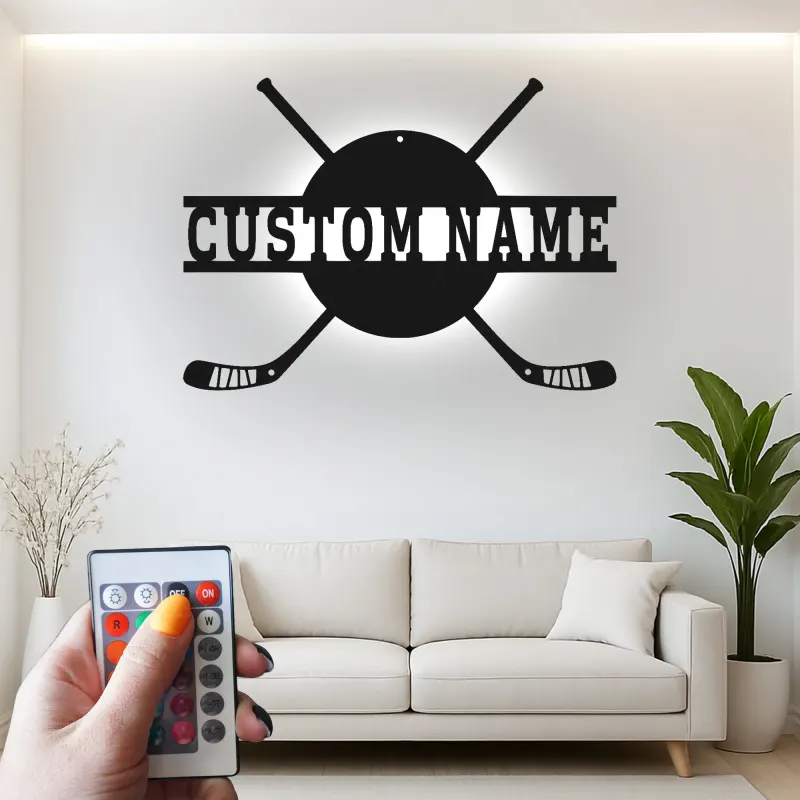 Personalisierte Hockey Namensschild | LED Metall-Wandkunst für das Spielzimmer | Individuelle Sportdekoration | Geschenk für Hockeyspieler