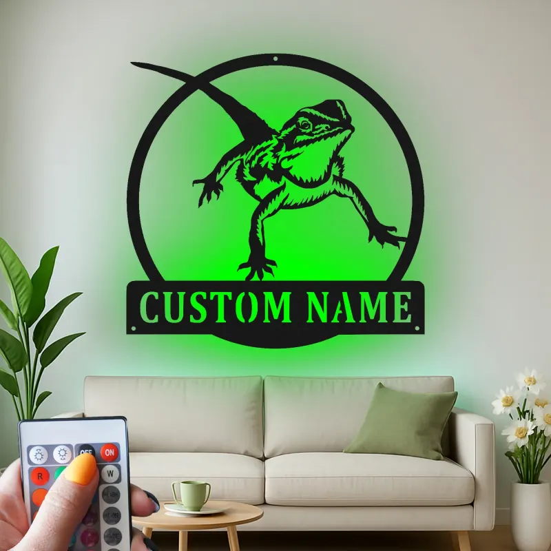 Personalisierte Bartagame LED Metall-Schild | Personalisierte Reptil-Silhouette Dekor | Beleuchtete Echsen-Wandkunst Geschenk