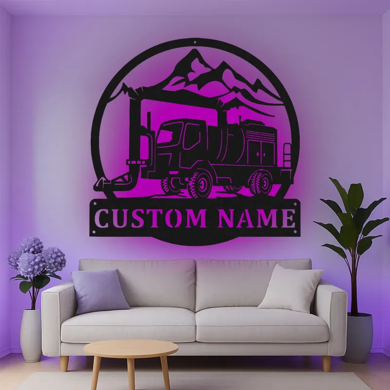 Custom Mountain Crane Truck Led Light Metal Wall Art Personalized Gift for Construction Enthusiasts Garage Decor