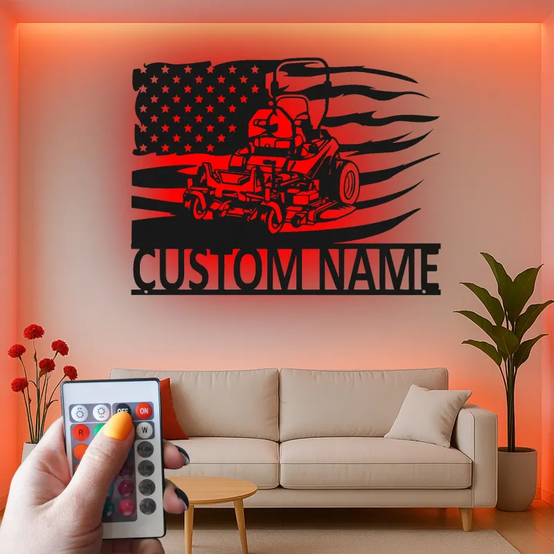 Cartel de Metal de Cortacésped | Decoración LED Personalizada para Paisajistas | Decoración de Bandera Americana con Nombre Personalizado | Regalo para Garaje y Jardín
