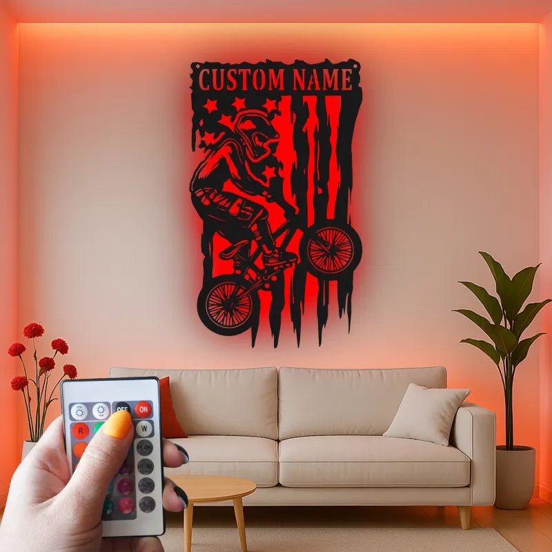 Insegna in metallo LED personalizzata per ciclisti con BMX Rider - Regalo per ciclisti, decorazione per garage o camera da letto