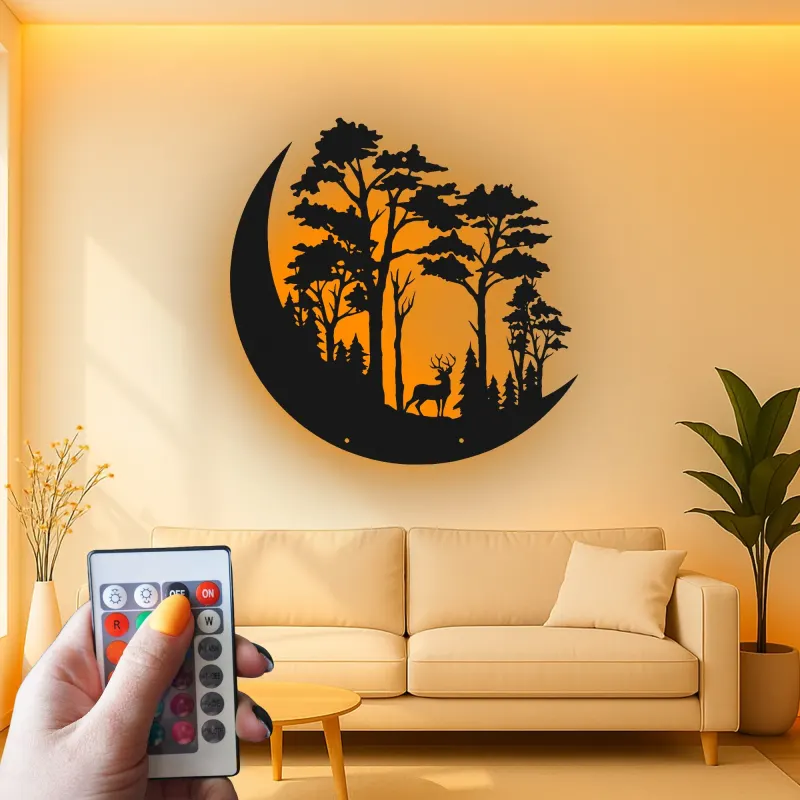 Décoration murale en métal LED avec scène de forêt de cerfs - Cadeau pour amoureux de la nature, décoration rustique pour salon ou chalet