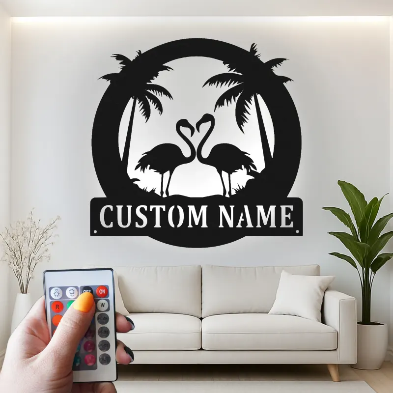 Panneau en métal Flamant Rose personnalisé | Art mural LED tropical | Décor de nom de maison de plage personnalisé | Cadeau décor de coucher de soleil