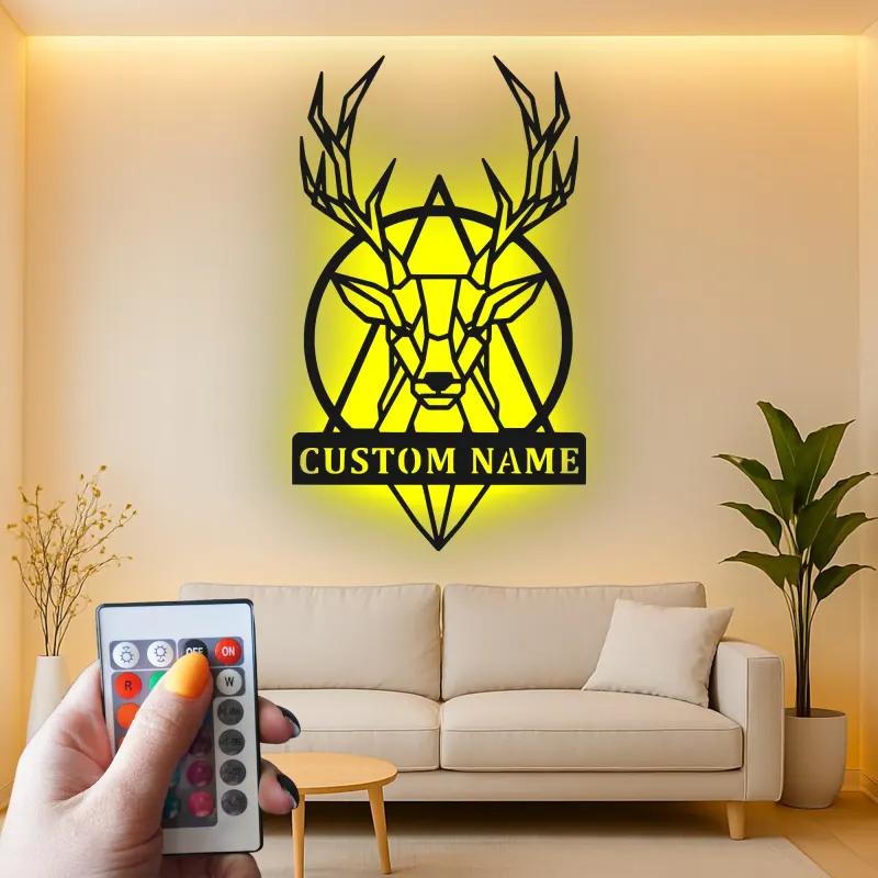 Cartel de metal LED personalizado de ciervo geométrico, regalo personalizado para amantes de la naturaleza, decoración rústica para salón