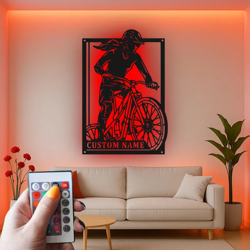 Custom Cyclist Led Light Metal Wall Art Personalized Gift for Biking Enthusiasts Garage or Man Cave Decor