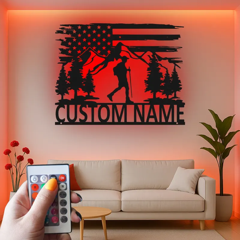 Arte mural de metal personalizado para senderismo | Letrero LED con senderista y bandera de EE. UU. | Regalo para amantes del aire libre