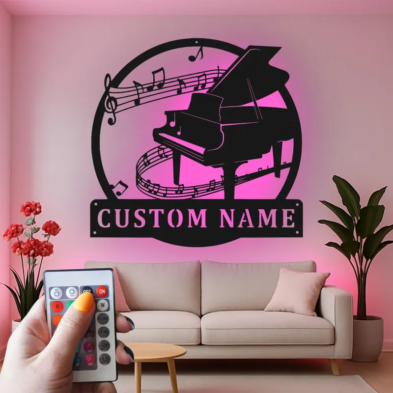 Cartel LED de piano personalizado | Arte mural de metal para músicos | Decoración de nombre personalizada para estudio | Luz de silueta de piano de cola
