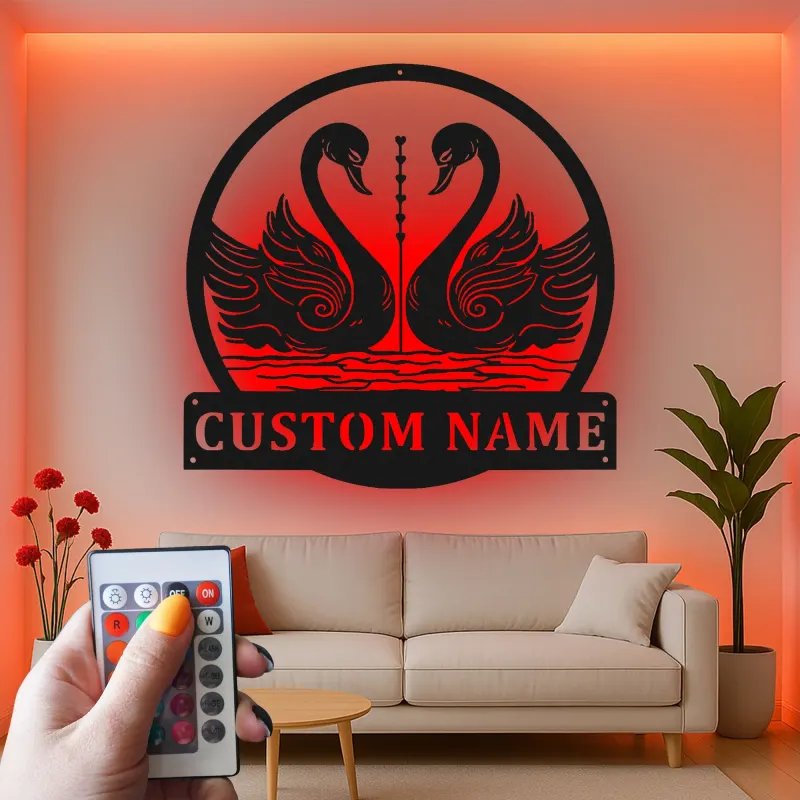 Cartel de metal personalizado con luz LED de pareja de cisnes, regalo romántico para parejas, decoración para dormitorio o salón