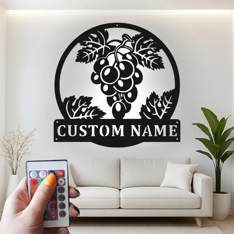 Cartel de viñedo con uvas personalizado | Decoración mural de metal con LED | Decoración para bodega y cocina | Regalo para amantes del vino