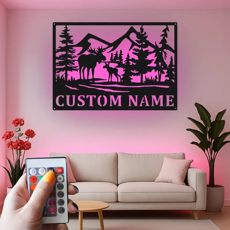 Letrero de metal personalizado con alce | Arte mural LED personalizado de fauna salvaje | Decoración rústica para cabaña y letrero con nombre para refugio