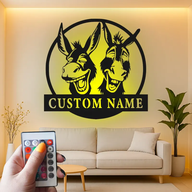 Insegna in metallo LED Donkey Duo personalizzata regalo per amanti degli animali decorazione rustica