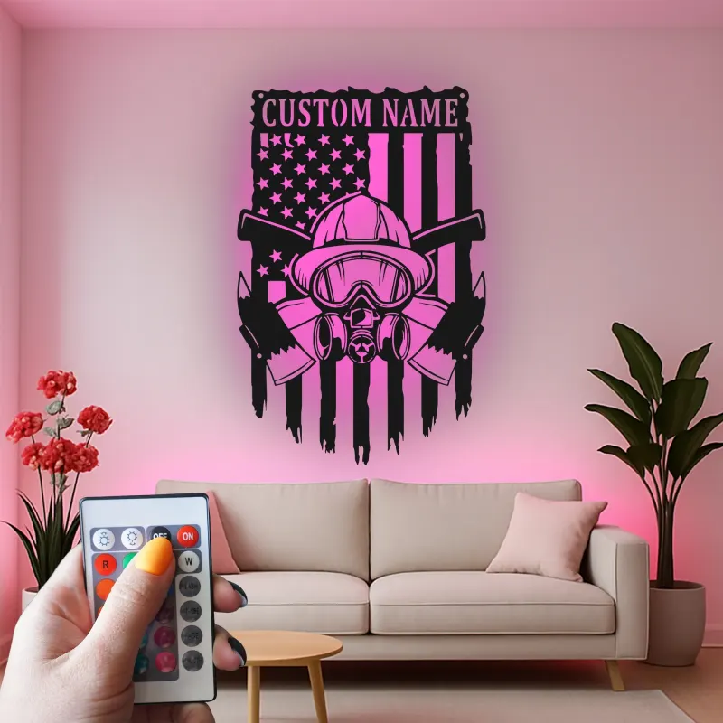 Personalized Firefighter LED Sign | Custom Fireman Metal Wall Art | Patriotic American Flag Decor for Home & Fire Station