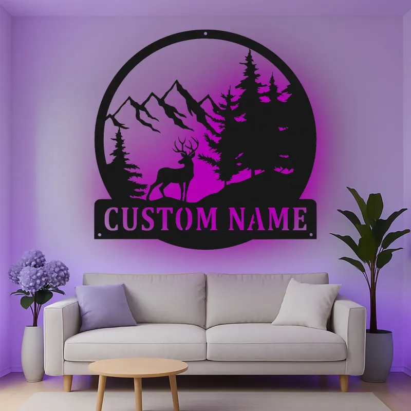 Custom Deer Mountain Scene Led Light Metal Wall Art Personalized Nature Lover Gift Cabin Decor