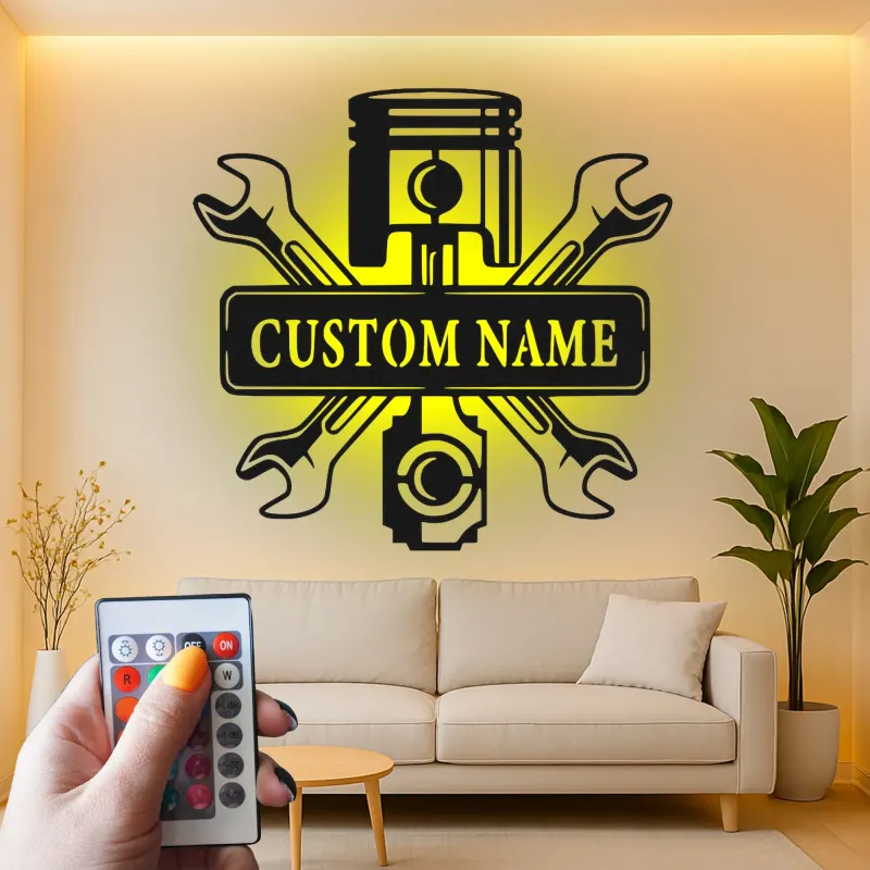 Personalized Mechanic Garage Sign | LED Metal Wall Art with Piston & Wrenches | Custom Automotive Decor for Car Enthusiasts