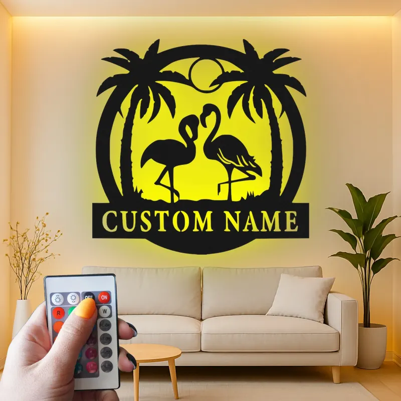 Insegna in metallo con fenicottero personalizzata e LED | Decorazione tropicale per casa al mare | Arte murale con nome per patio e soggiorno