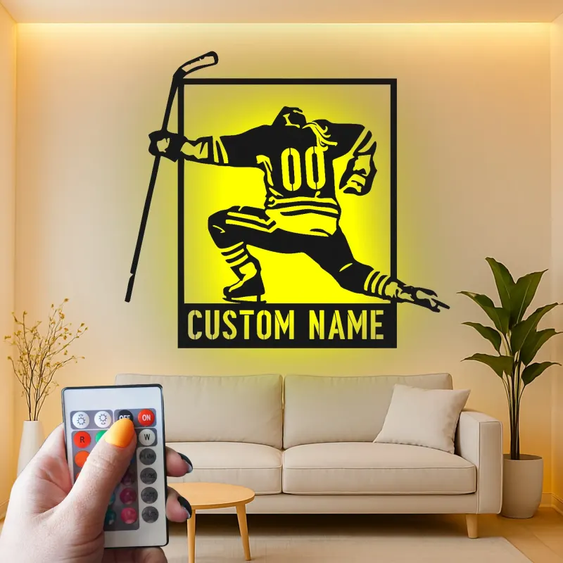 Arte metálico personalizado de jugador de hockey | Cartel LED con nombre a medida para sala de juegos | Regalo para deportista | Decoración para cueva masculina